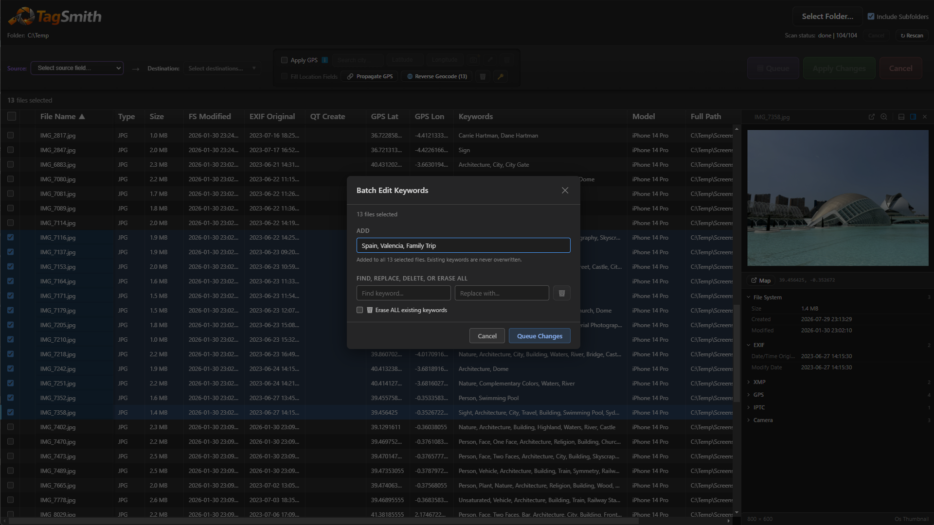 Batch add, find-replace, delete, or erase keywords across hundreds of files at once – written to both XMP and legacy IPTC formats